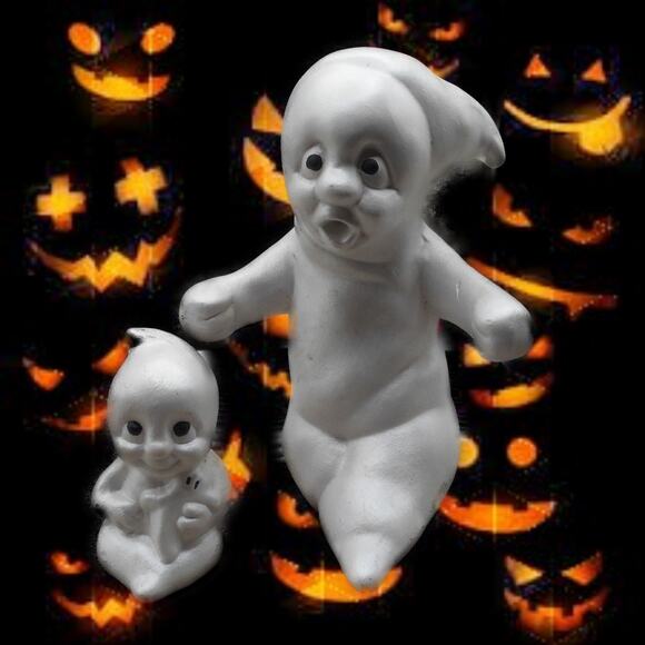 Vintage Halloween Ceramic Ghost Pair Baby Ghost & Sitting Ghost Spirits - Picture 1 of 9